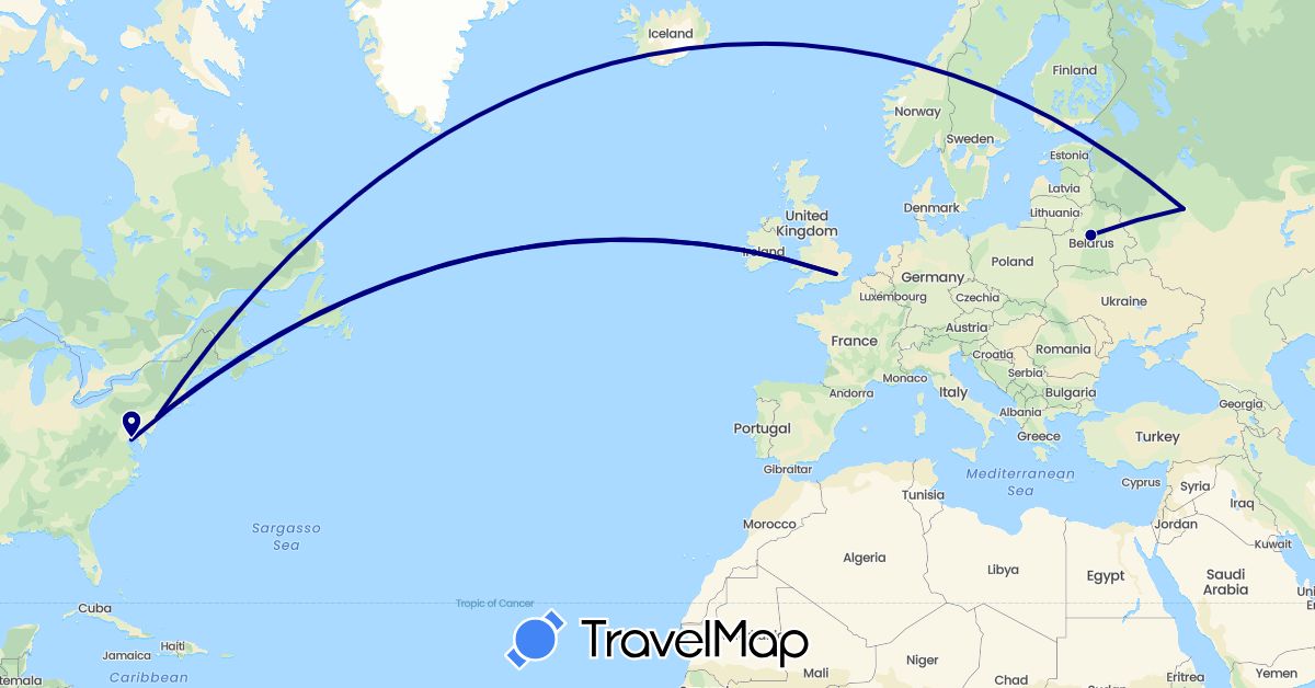 TravelMap itinerary: driving in Belarus, United Kingdom, Russia, United States (Europe, North America)